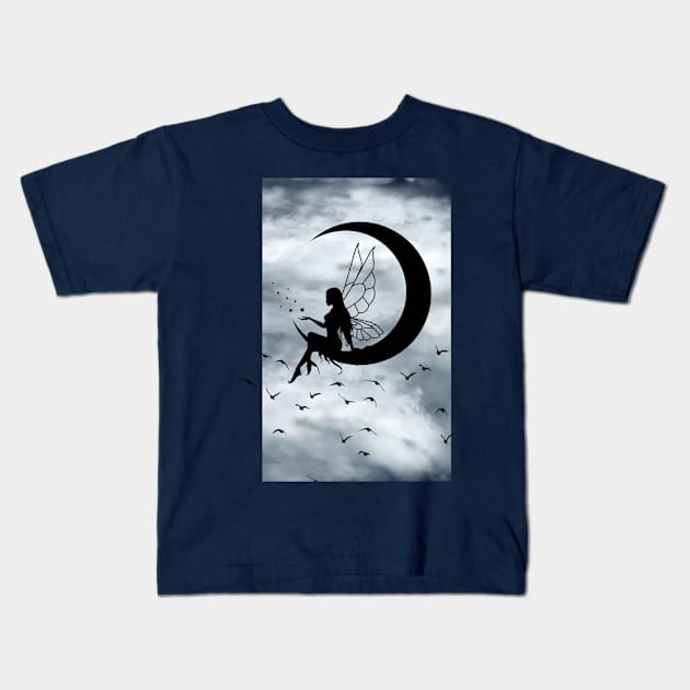 Silhouette, fairy moon and birds. Kids T-Shirt by Milners